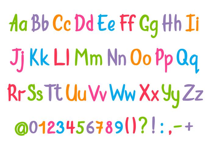 Coloful Alphabet in der flüchtigen Art. Vector handgeschriebene Bleistiftbuchstaben, -zahlen und -Interpunktionszeichen. Pinsel Stift Handschrift Schriftart.