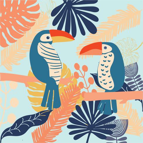 tropiska fåglar Toucan färgglada i djungeln och ljus vektor