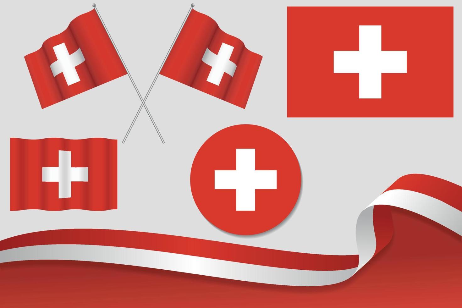uppsättning schweiz flaggor i olika mönster, ikon, flagande flaggor med band med bakgrund. gratis vektor