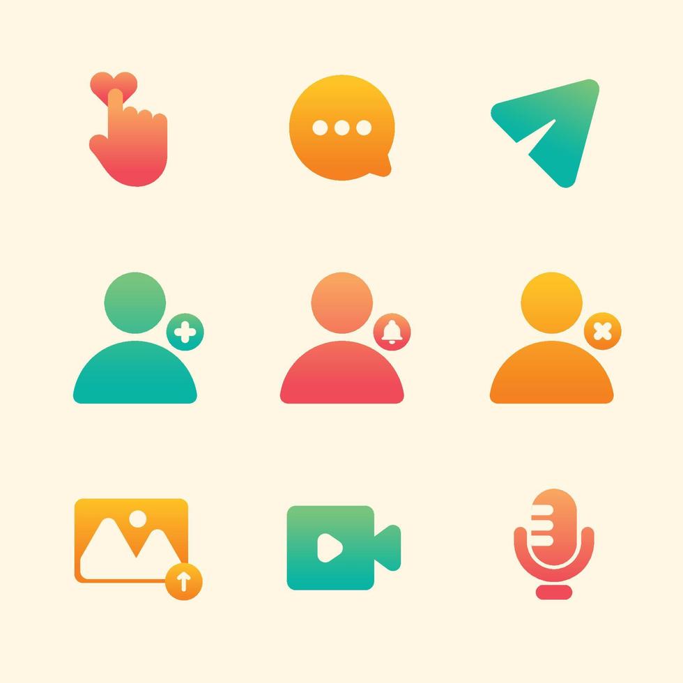 färgglada gradient ikoner för sociala medier för handling och reaktion vektor