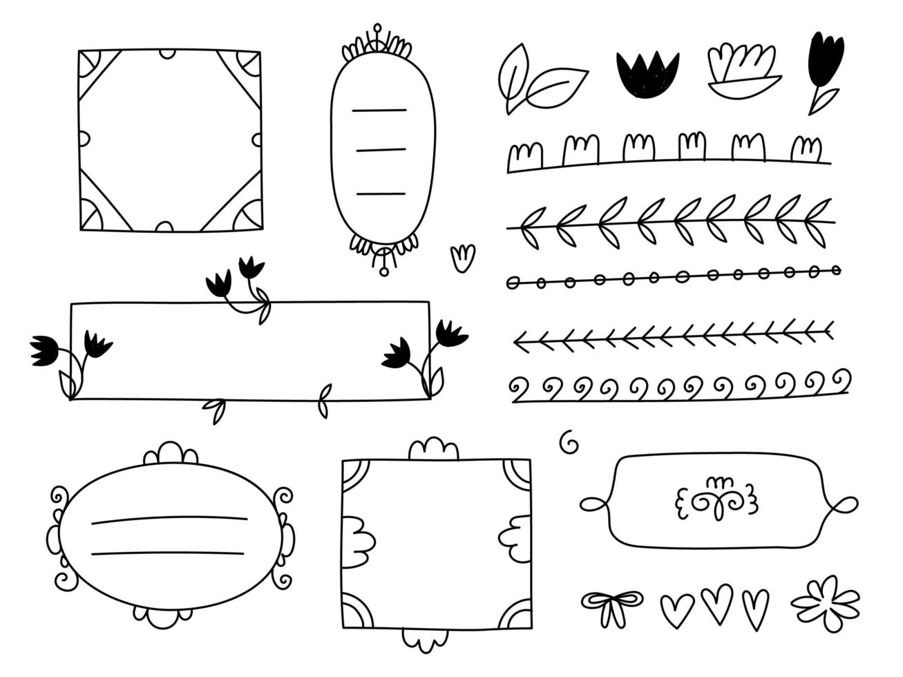 Vektor-Blumendekor-Set aus handgezeichneten Doodle-Rahmen, Trennwänden, Rändern, Elementen. isoliert. vektor