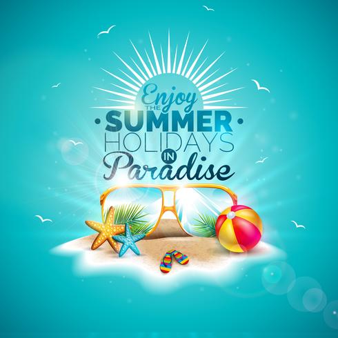 Genießen Sie die Sommerferien-Illustration mit Typografie-Buchstaben und Sonnenbrille auf Ozean-Blau-Hintergrund. Vektor-Design mit Seestern und Wasserball auf Paradise Island vektor
