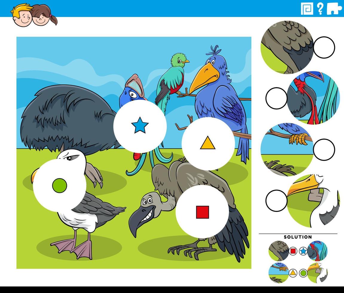 Match Pieces Spiel für Kinder mit Comic-Vogelfiguren vektor