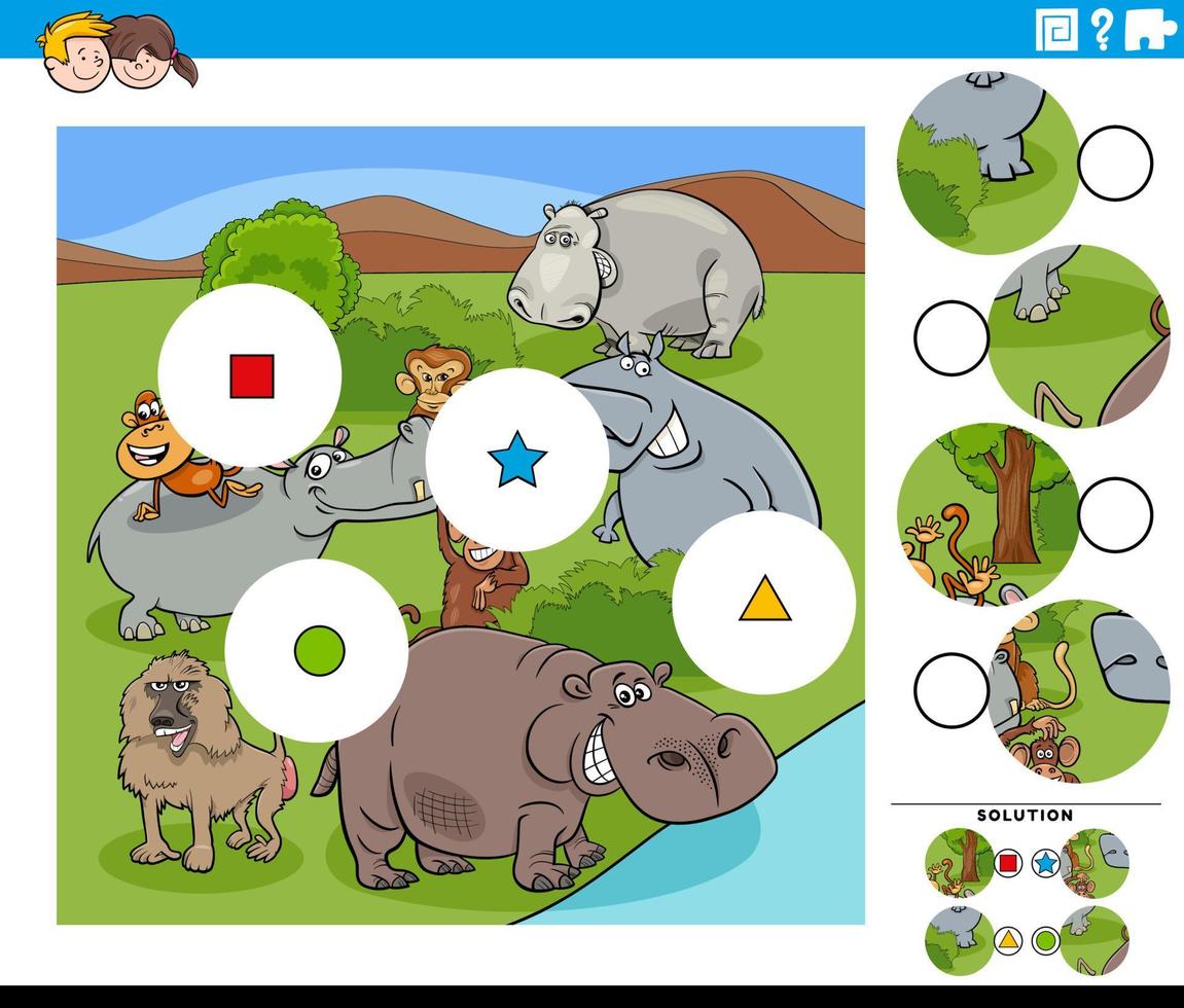 Match-Piece-Aufgabe für Kinder mit Comic-Tierfiguren vektor