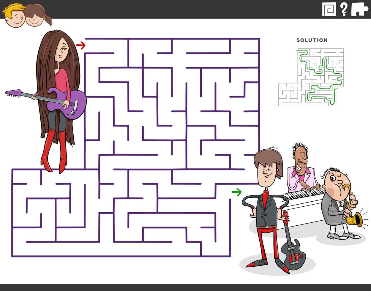 Labyrinth-Spiel mit Cartoon-Mädchen mit Gitarre und Band vektor