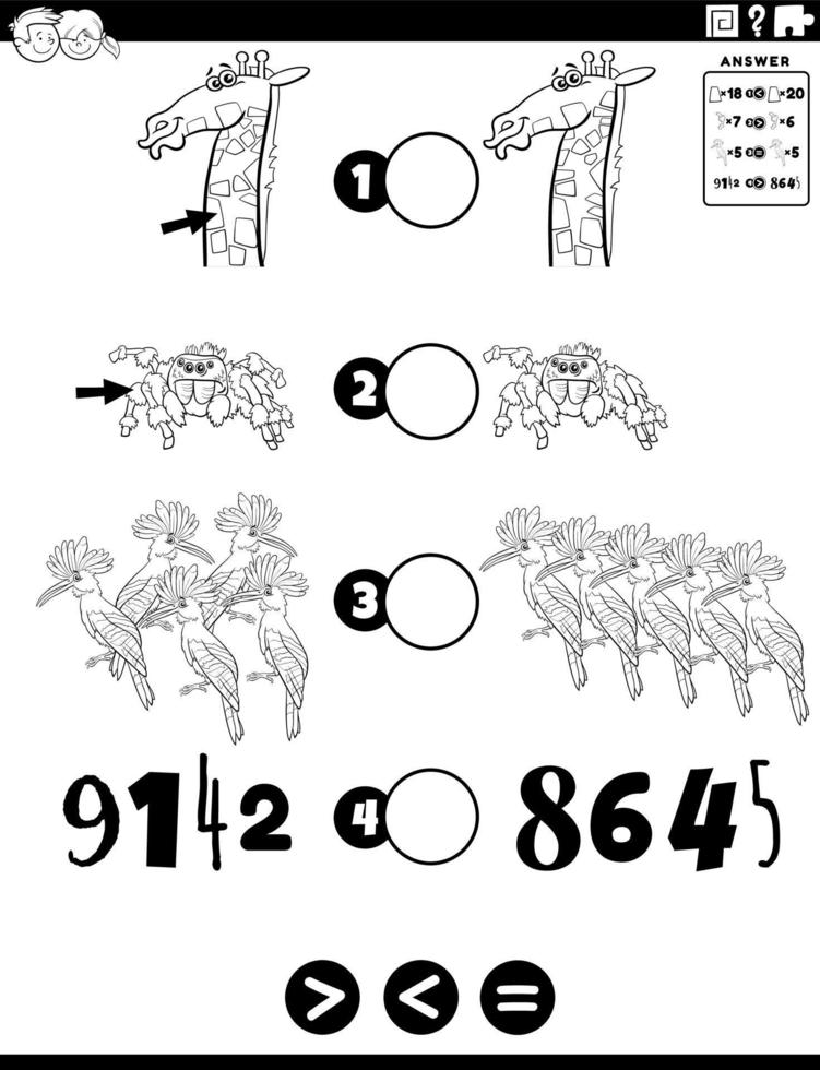 größere weniger oder gleiche Aufgabe für Kinder Malbuch Seite vektor