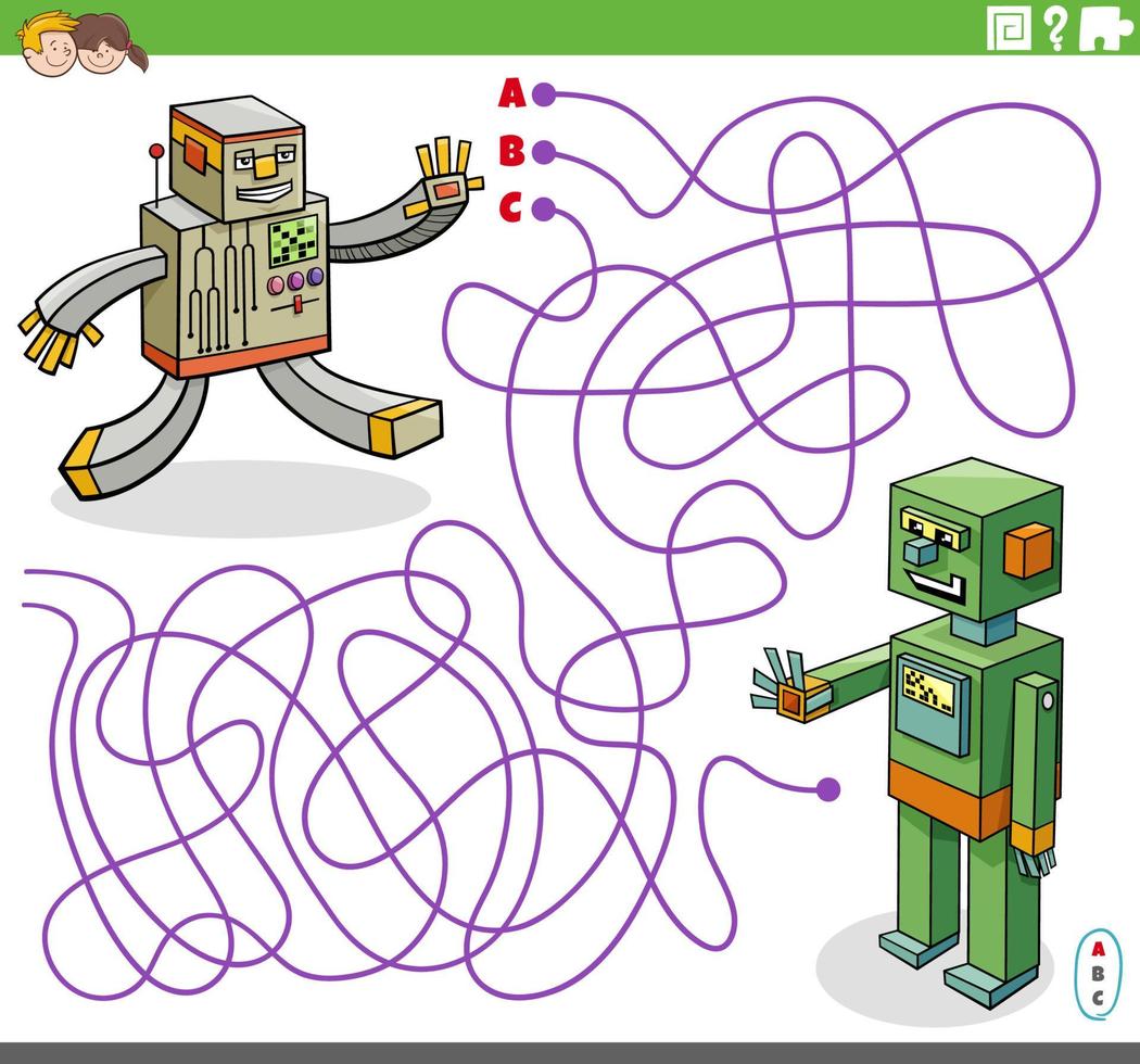 labyrintspel med tecknade robotfigurer vektor