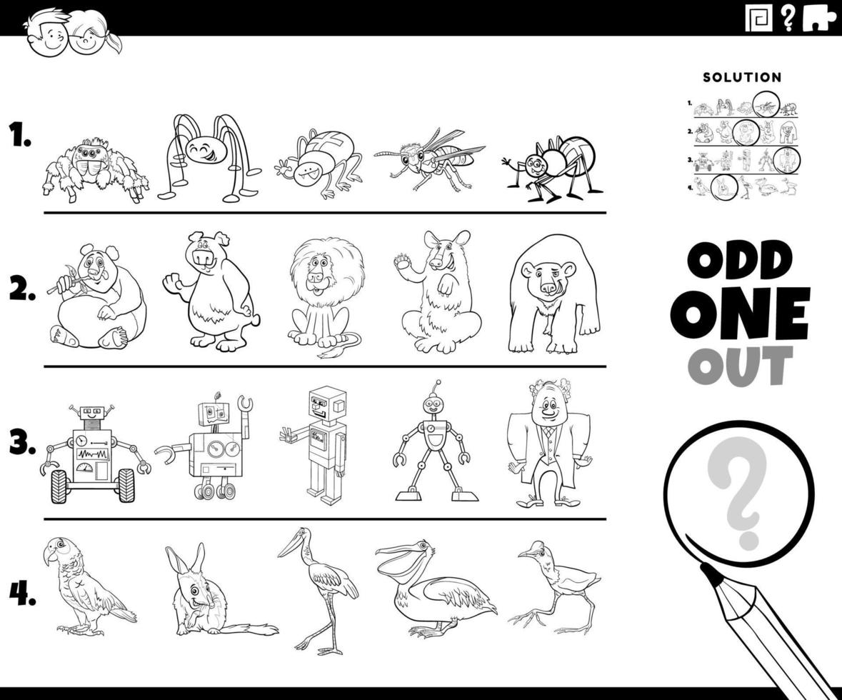 Odd One Out Spiel mit Zeichentrickfiguren Malbuchseite vektor