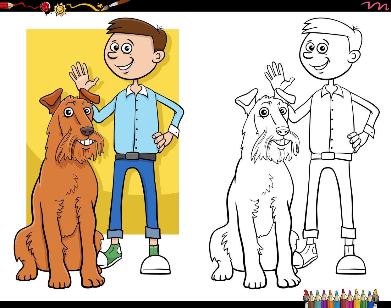 Cartoon Teen Boy und sein Hund Färbung Buchseite vektor