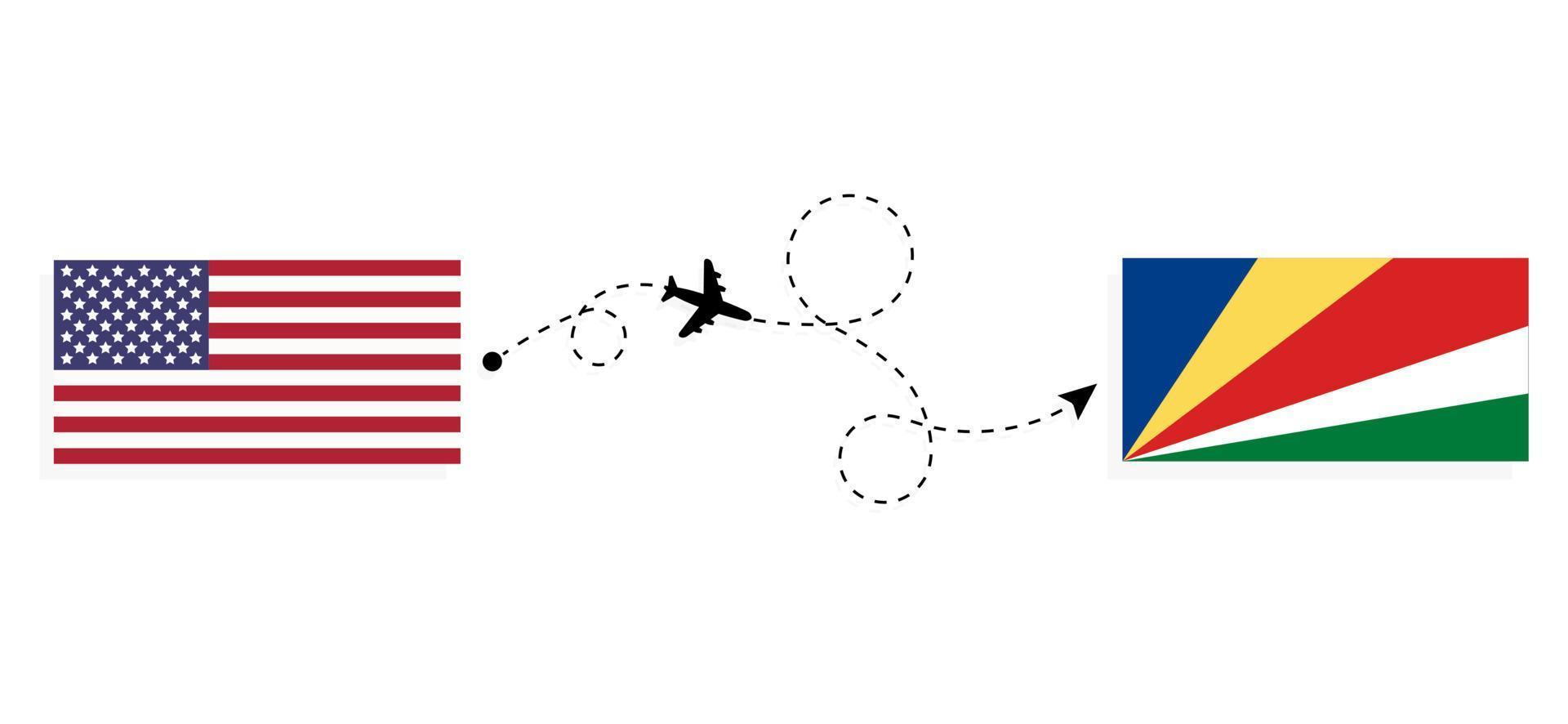 flug und reise von den usa auf die seychellen mit dem reisekonzept des passagierflugzeugs vektor