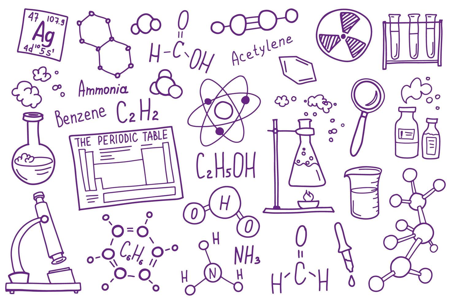 Symbolsatz für Chemiesymbole. Wissenschaftsthema Doodle-Design. Bildungs- und Studienkonzept. Zurück zur Schule skizzenhafter Hintergrund für Notizbuch, nicht Block, Skizzenbuch. vektor