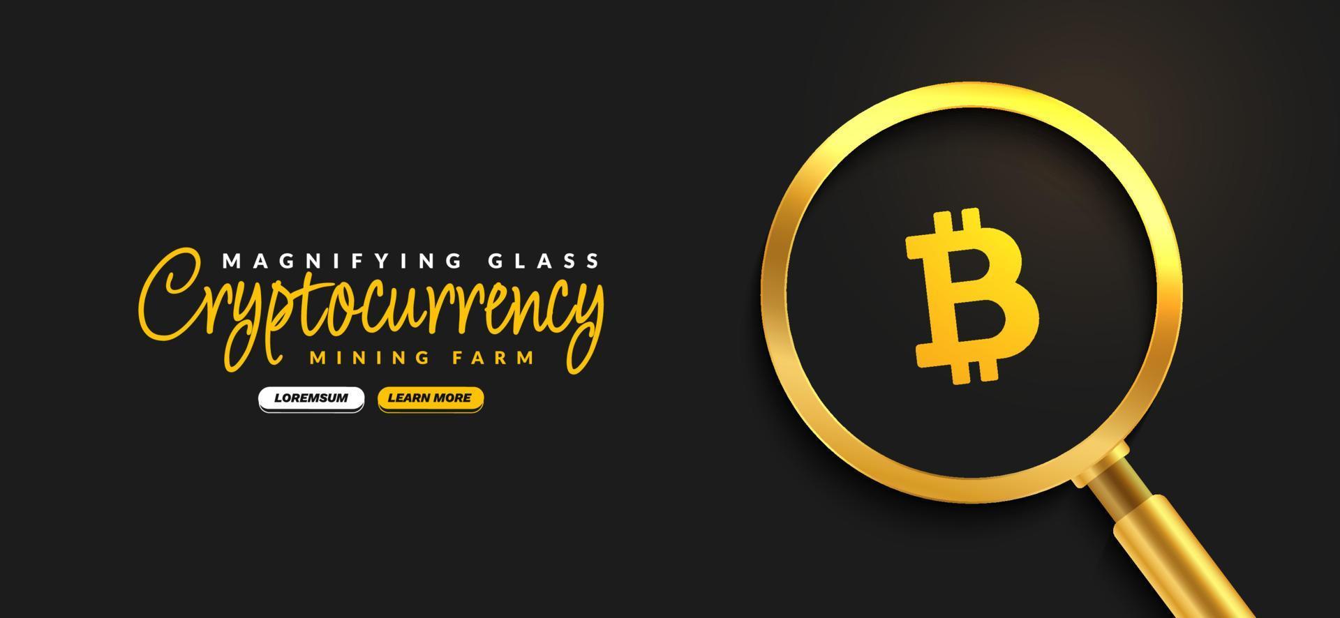 bitcoin kryptovaluta med gyllene förstoringsglasbakgrund, digitalt pengautbyte av blockchain-teknologibanner, kryptovaluta finansiellt koncept vektor
