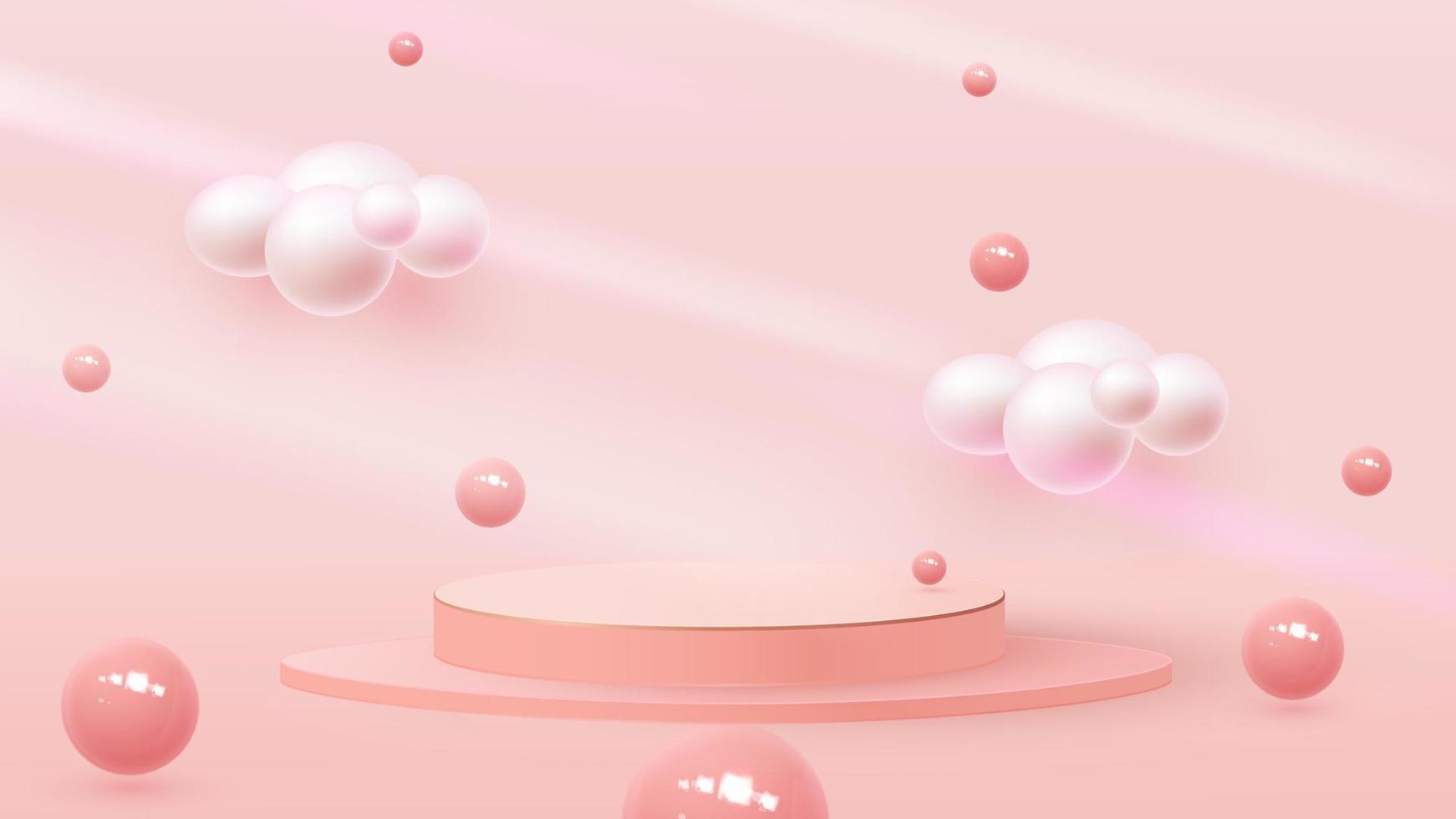 3D-rendering av en palllåda med bollar och moln. studsande bollar, pastellbakgrunder, podium eller piedestal. vektor illustration