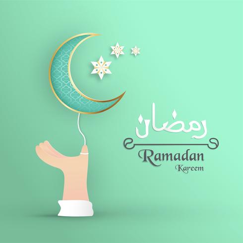 Mall för Ramadan Kareem med grön och guldfärg. 3D Vektor illustration design i pappersskärning och hantverk för islamiskt hälsningskort, inbjudan, bokomslag, broschyr, webb banner, annons.