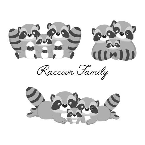 Glückliche Tierfamilie. Papa, Mama, Baby Waschbären Cartoon. vektor