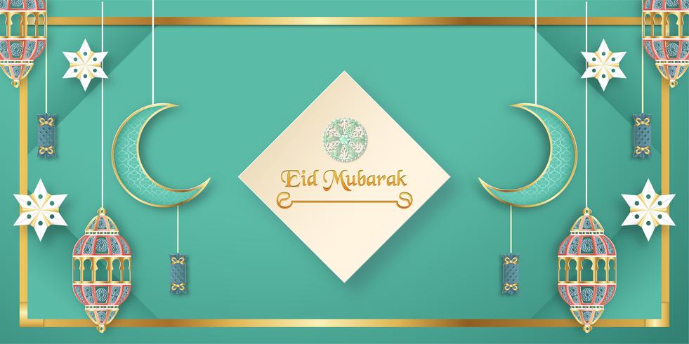 Vorlage für Eid Mubarak mit grünem und goldenem Farbton. Illustration des Vektors 3D im Papierschnitt und Handwerk für islamische Grußkarte, Einladung, Bucheinband, Broschüre, Netzfahne, Anzeige. vektor