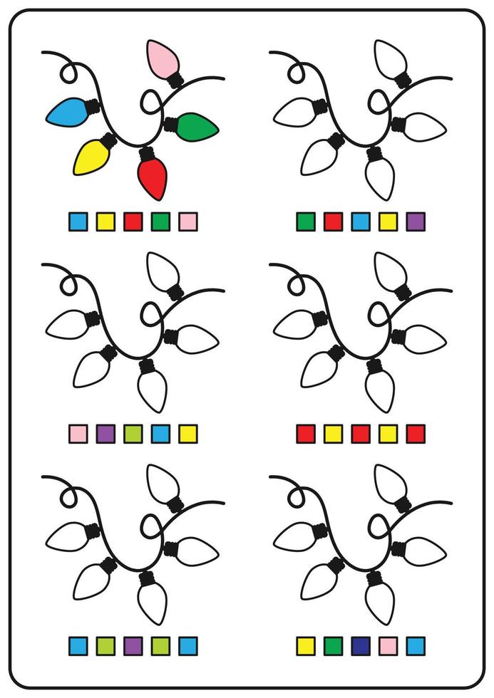 Lehr-Malseiten, Lernspiele für Kinder, Vorschulaktivitäten, druckbare Arbeitsblätter. einfache Cartoon-Vektor-Illustration von bunten Objekten, um Farben zu lernen. Färben von dekorativen Lichtern vektor