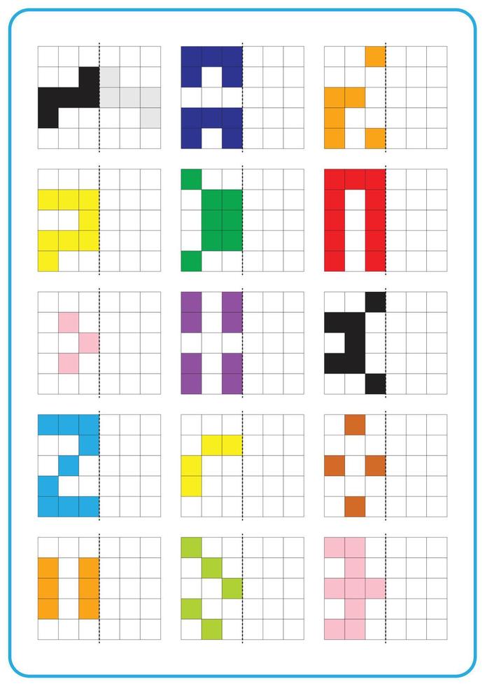 Druckbares Bildreflexions-Lernspiel für Kleinkinder und Kinder. Symmetrische Arbeitsblätter lernen, Spaß für Vorschule und Kindergarten. Aktivitäten zum Ausmalen von Rasterseiten, visuelle Wahrnehmung und Pixelkunst vektor