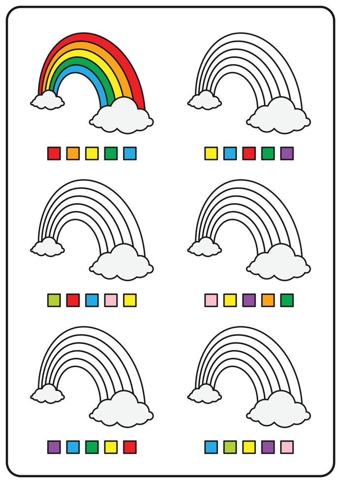 målarbok, pedagogiska spel för barn, förskoleverksamhet, utskrivbara arbetsblad. enkel tecknad vektorillustration av färgglada föremål för att lära sig färger. färga regnbågen. vektor