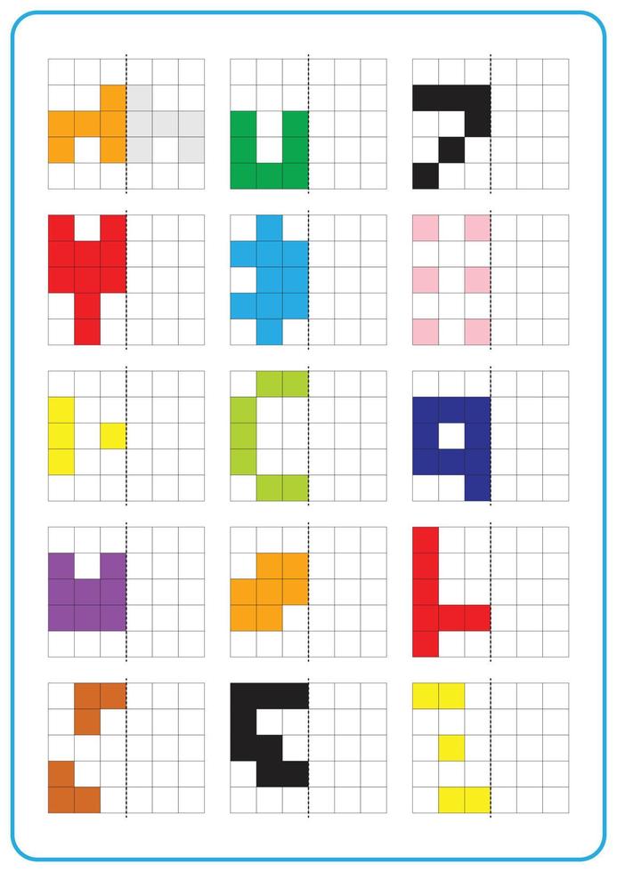 Druckbares Bildreflexions-Lernspiel für Kleinkinder und Kinder. Symmetrische Arbeitsblätter lernen, Spaß für Vorschule und Kindergarten. Aktivitäten zum Ausmalen von Rasterseiten, visuelle Wahrnehmung und Pixelkunst vektor