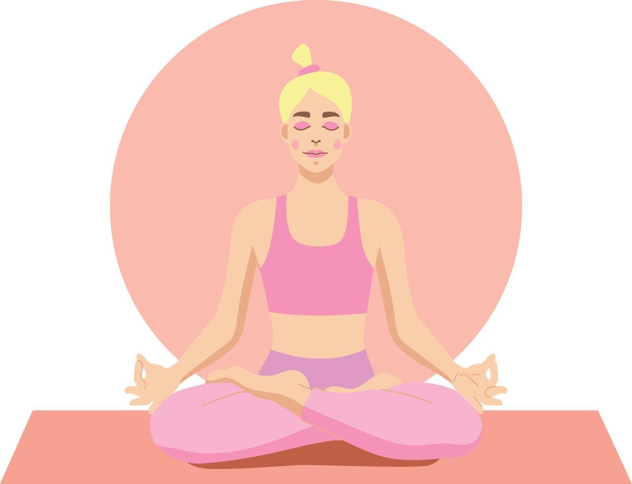 modern kvinna med mörkt hår sitter i sitt rum, utövar yoga och njuter av meditation.concept för yoga, meditation, koppla av, rekreation, hälsosam livsstil, stanna hemma. vektor illustration