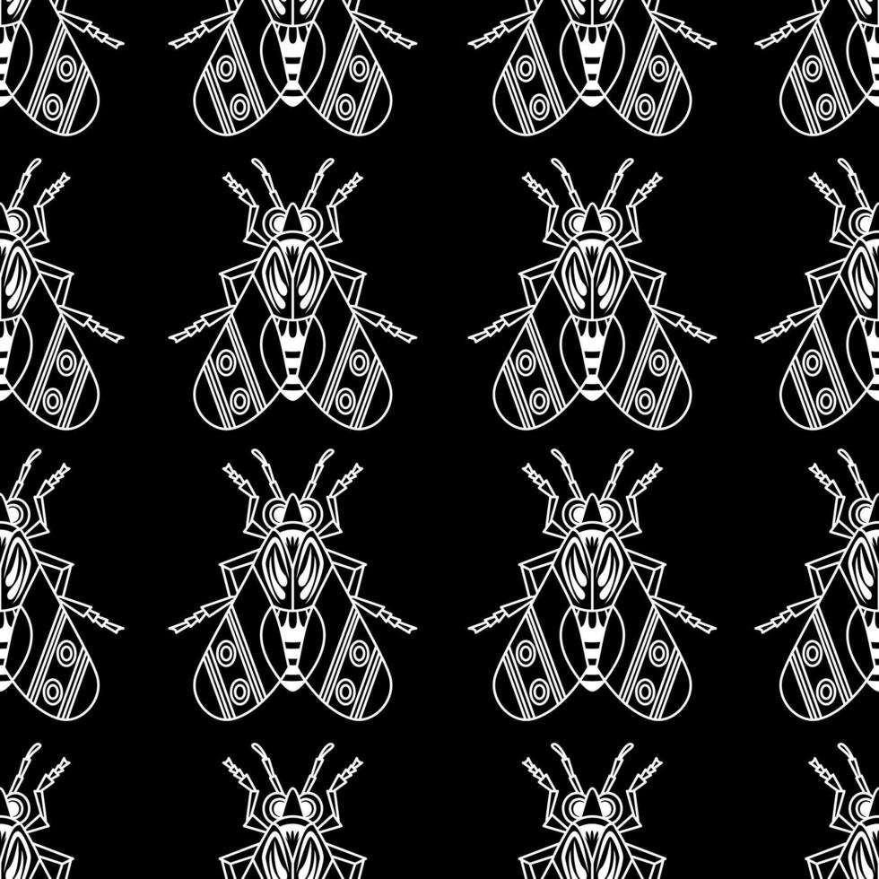 Illustrationssatz niedlicher Insekten, weiße Strichzeichnungen, Vektornahtloses Muster auf schwarzem Hintergrund vektor