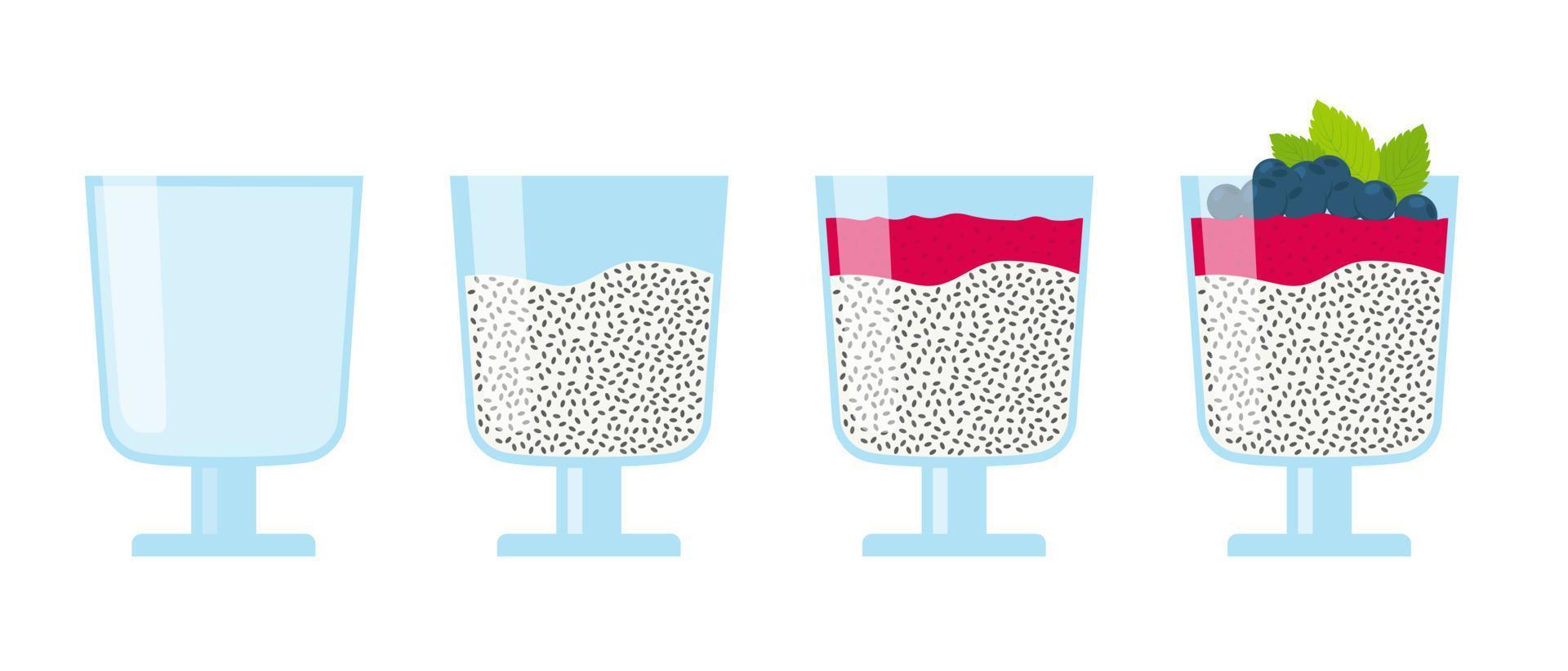 Schritte zur Herstellung von Chiasamenpudding mit Beerenmousse und Minzblättern. isolierte Vektorillustration vektor