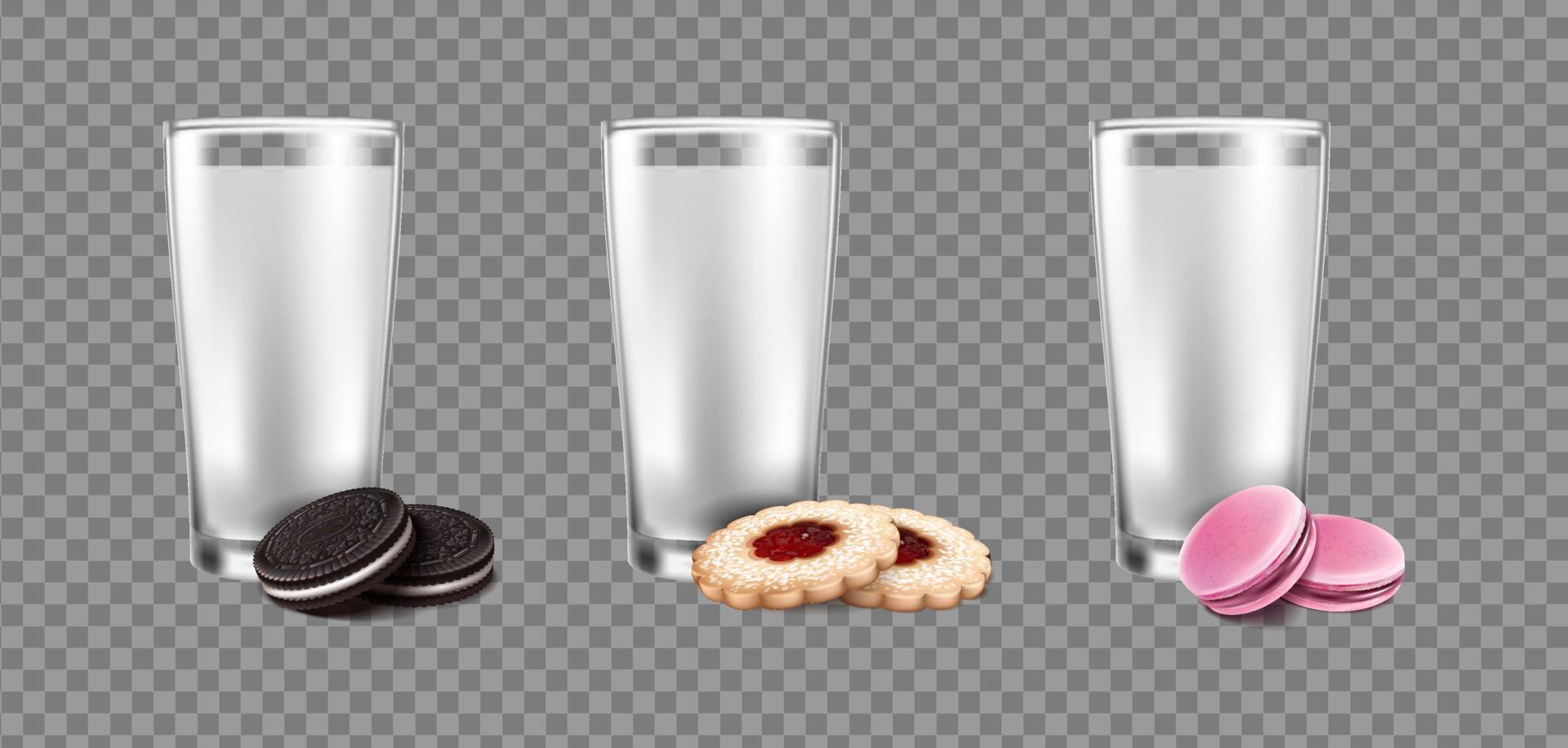 3D realistiska vetor Ikonuppsättning. glas mjölk med olika typer av kakor. choklad, linzerkaka, macaroonkaka. vektor