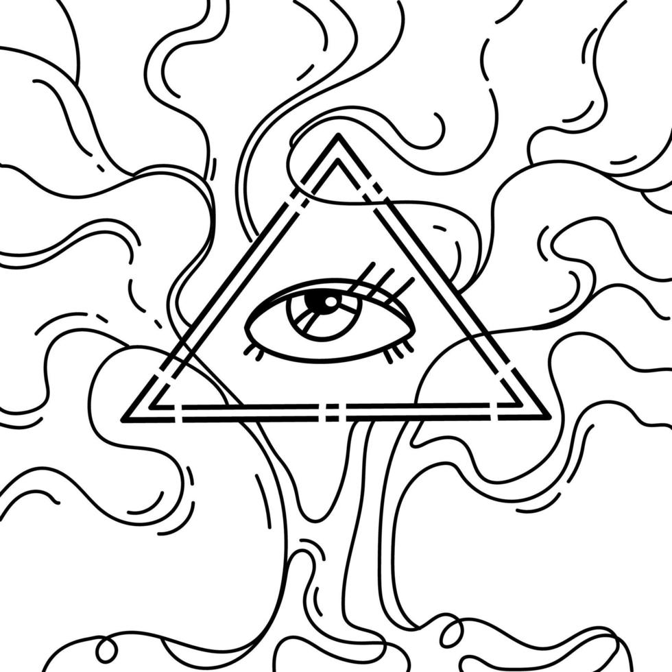 försynens öga.allseende öga inuti en triangulär pyramid sammanflätad med trädgrenar på en vit bakgrund.frimurarsymbol. frimureri och andlighet, religion, ockultism.vektorillustration. vektor