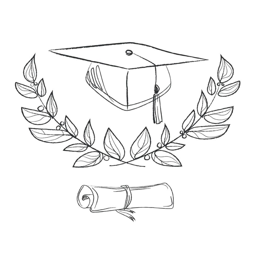 graduierungskappe mit diplom, lorbeerkranz und zweigvektorillustration lokalisiert auf weißem hintergrund.hand gezeichnet in quadratischer graduierungskappe im skizzenstil, umrisssymbol vektor