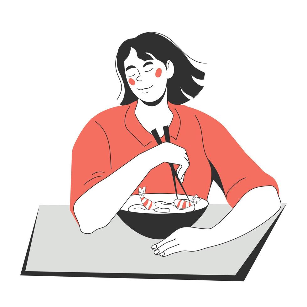 junge Frau, die am Tisch sitzt und Nudeln mit Holzstäbchen isst, Zeichentrickfigur-Vektorillustration isoliert auf weißem Hintergrund. chinesische oder japanische Küche. vektor