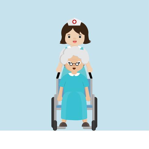 Sjuksköterska promenader med äldre patient i rullstol. vektor