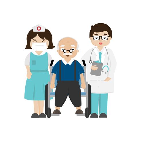 Läkare, sjuksköterska och senior patient i rullstol. vektor