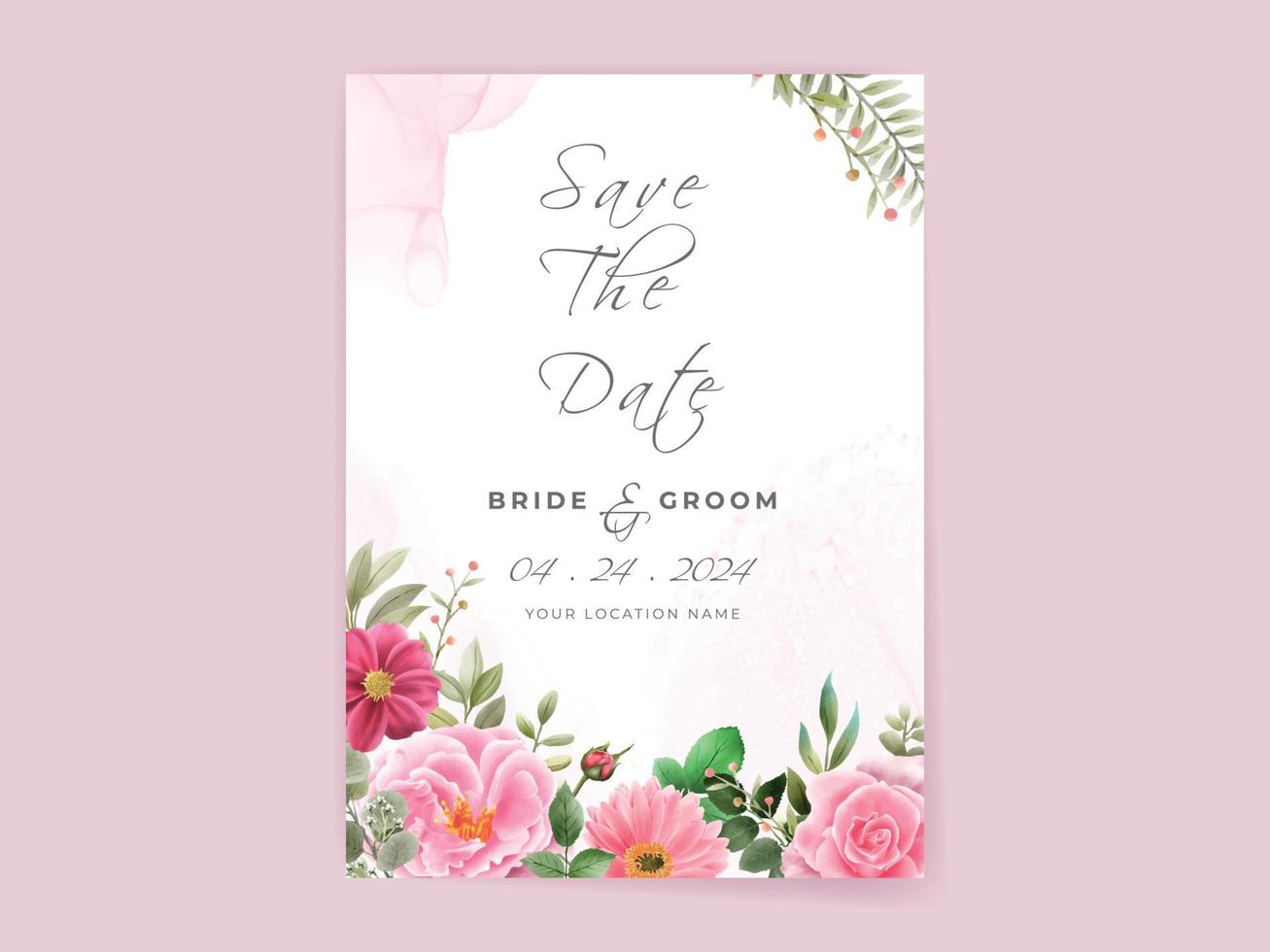 bröllopsinbjudningskort set med vackra rosa blommor design vektor