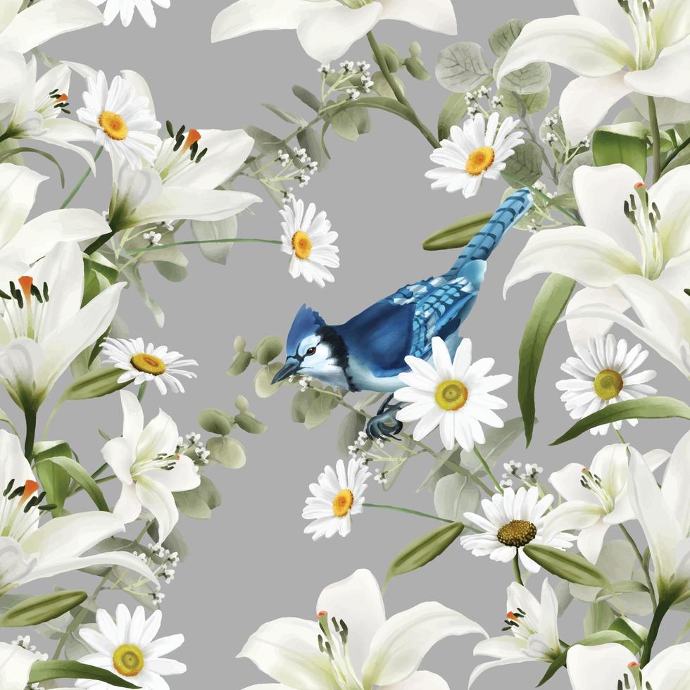 elegante nahtlose musterlilie und blauer vogel vektor