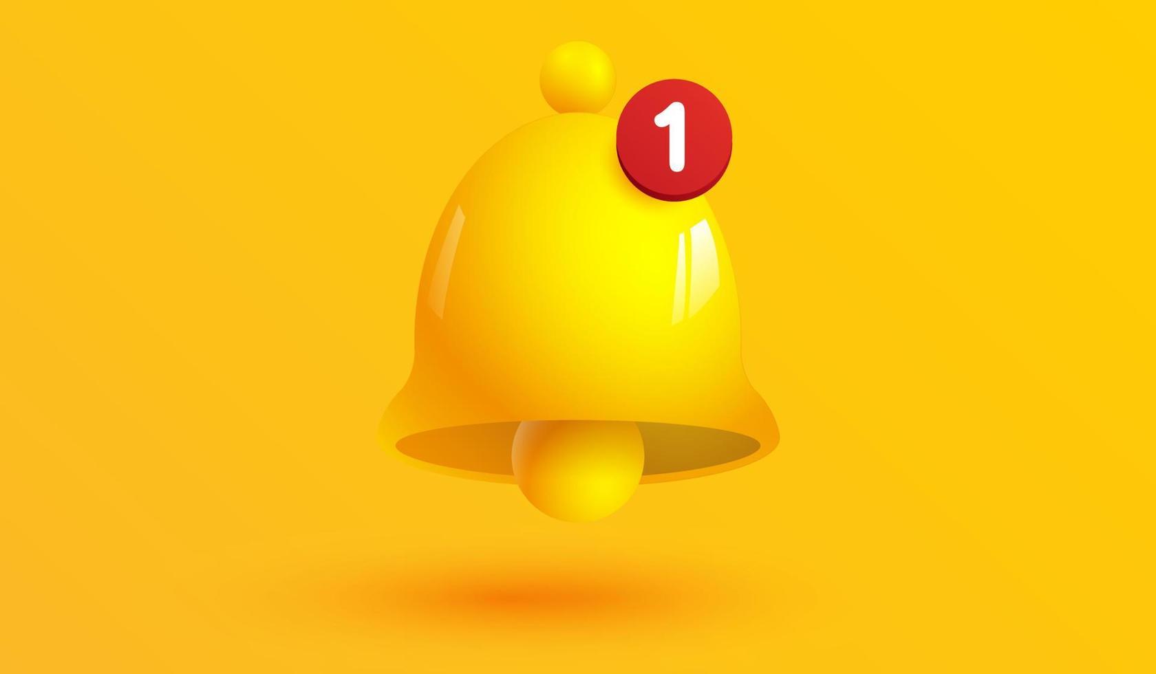 Benachrichtigungsnummer Alarmsymbol isoliert auf gelbem Hintergrund. Gelbes Glockenschild mit neuem Abonnenten für die Erinnerung an soziale Medien. 3D-Vektor-Illustration vektor