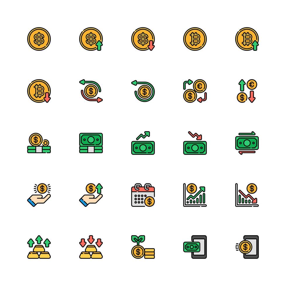 valuta ikonuppsättning fylld konturstil. pengar, utbyte, vinst, tillväxt och mer vektor