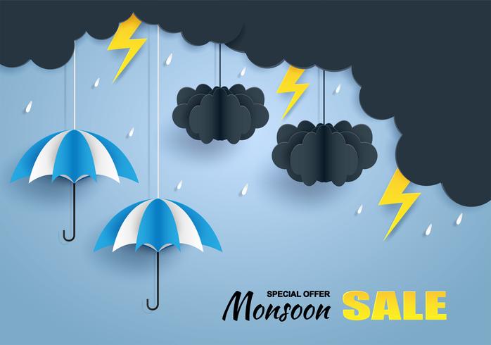 Monsun, Regenzeitverkaufshintergrund. Wolkenregen, Blitz und Regenschirm, die am blauen Himmel hängen. Papierkunst style.vector. vektor