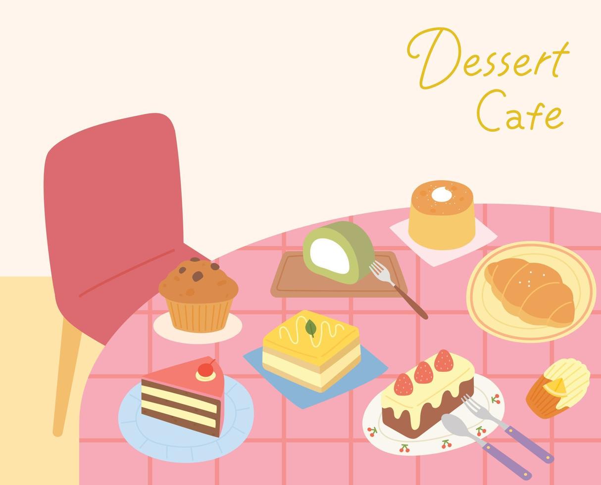 tallrikar med söta desserter på ett rosa bord. platt design stil vektorillustration. vektor