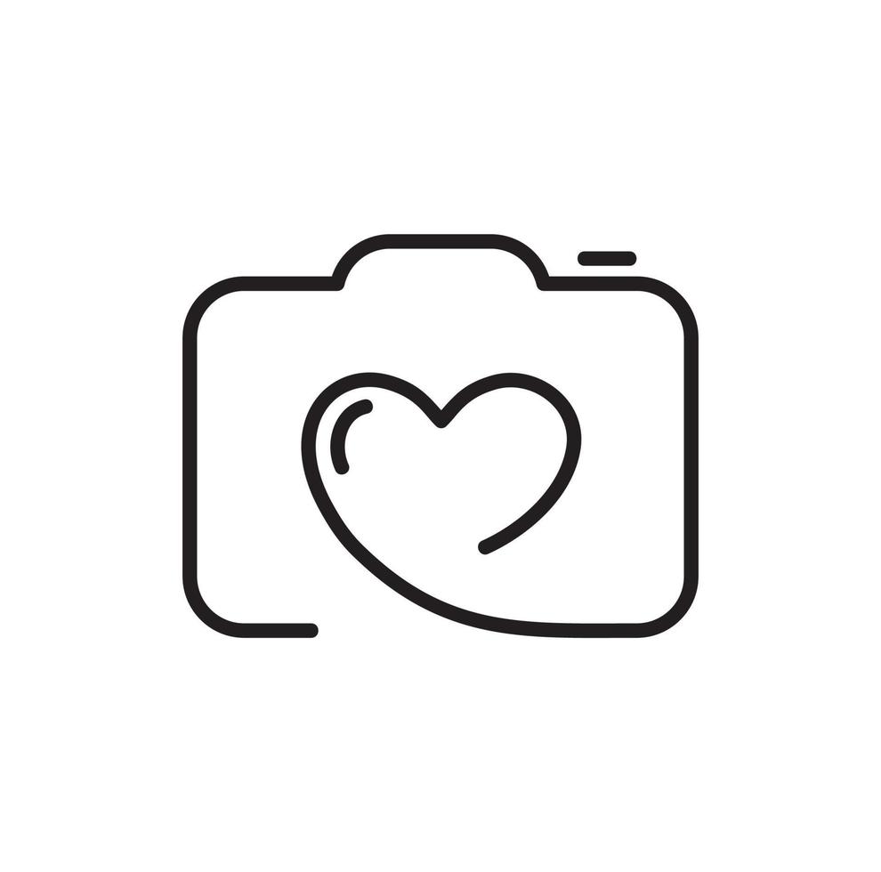 Vektor monoline niedliche Kamera mit Herz im Inneren des Symbolfotografen. Valentinstag handgezeichnetes Logo. Feiertagsskizzen-Gekritzel-Gestaltungselement. Liebesdekor für Web, Hochzeit und Druck. isolierte Abbildung