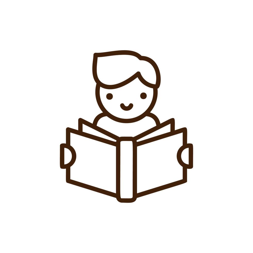 Mann oder Junge liest das flache Ikonenpiktogramm des Buches, das auf weißem Hintergrund lokalisiert wird. person, die ein magazin hält und das logo liest vektor