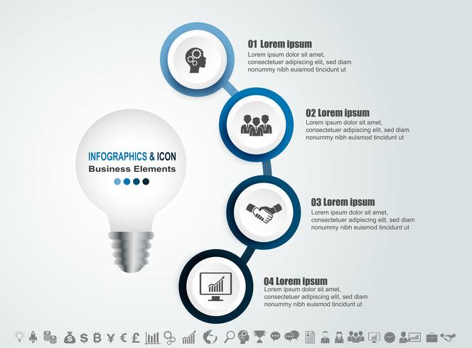 Infographic business tidslinje process och ikoner mall. Design med glödlampa, idae marknadsföring kan användas för arbetsflödeslayout, rapport,. Affärsidé med 4 alternativ, steg eller processer. Vektor. vektor