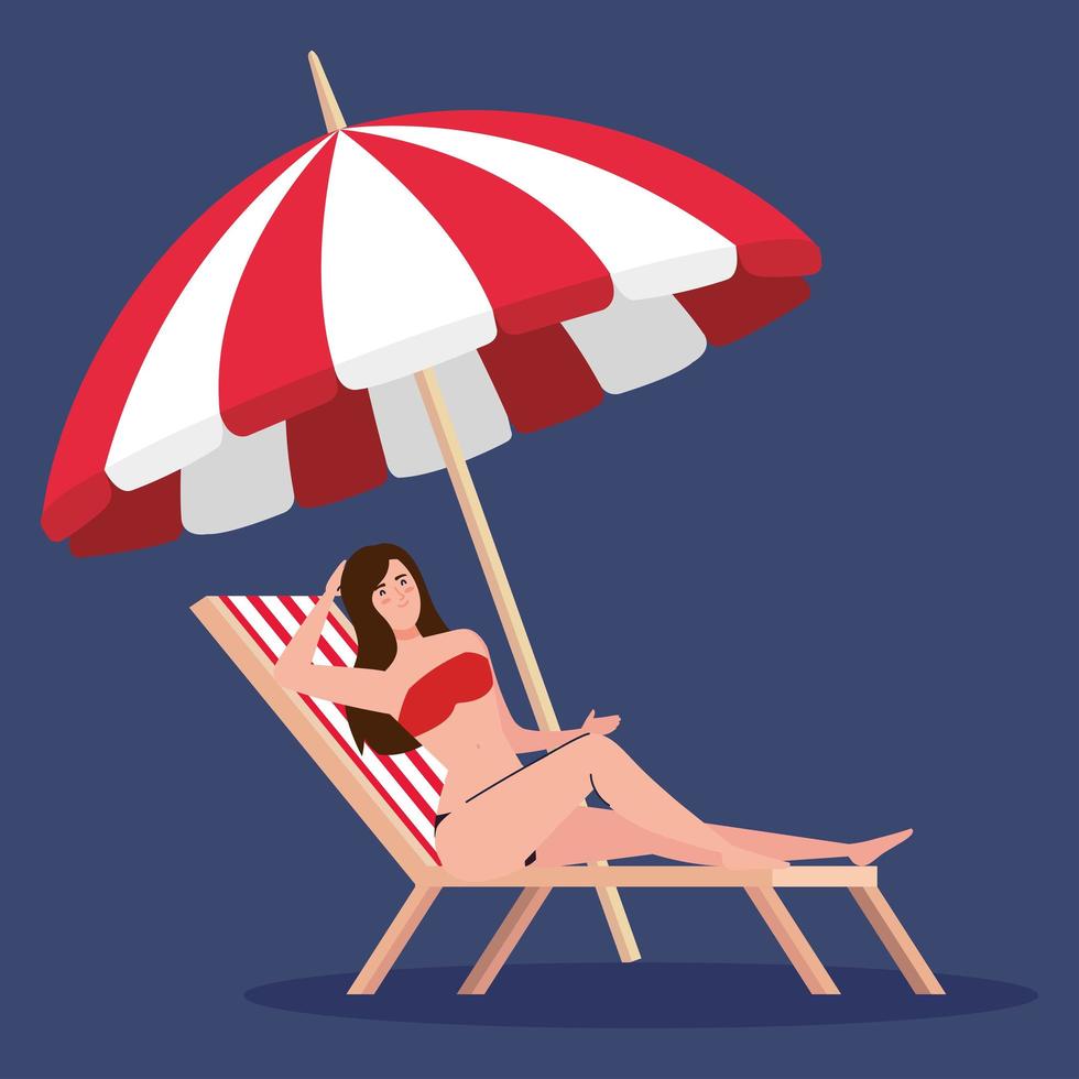 kvinna med baddräkt i stol strand och paraply, sommarlov säsong vektor
