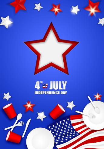 4 juli Glad Independence Day USA. Design med sked, fat, gaffel, Kniv, Pappersglas Porslin och amerikanska flaggstjärnan på blå bakgrund .Vector. vektor