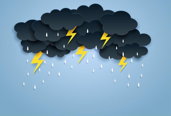 Monsun, Regenzeithintergrund. Wolkenregen und -blitz, die am blauen Himmel hängen. Papierkunst style.vector. vektor
