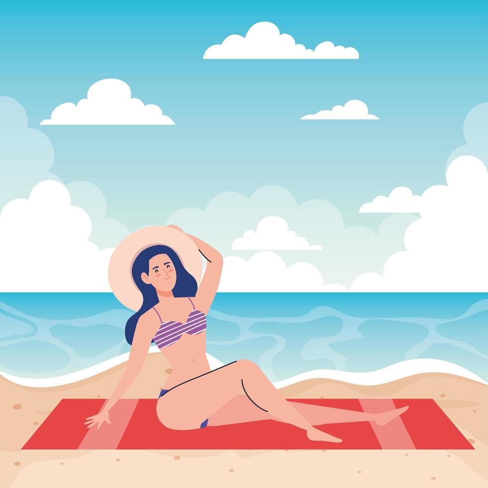 Frau mit Badeanzug sitzt auf dem Handtuch, am Strand, Ferienzeit vektor