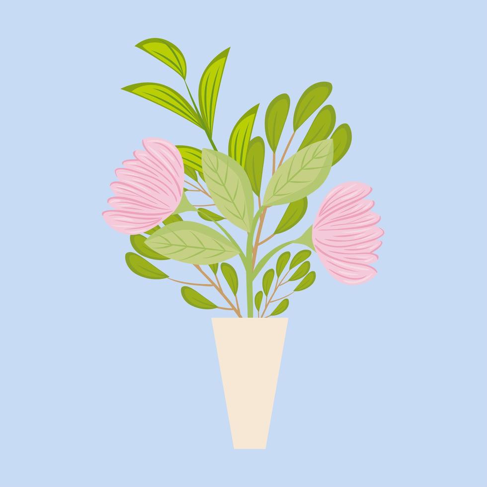 rosa Blumen mit Blättern innerhalb des Vasenvektordesigns vektor