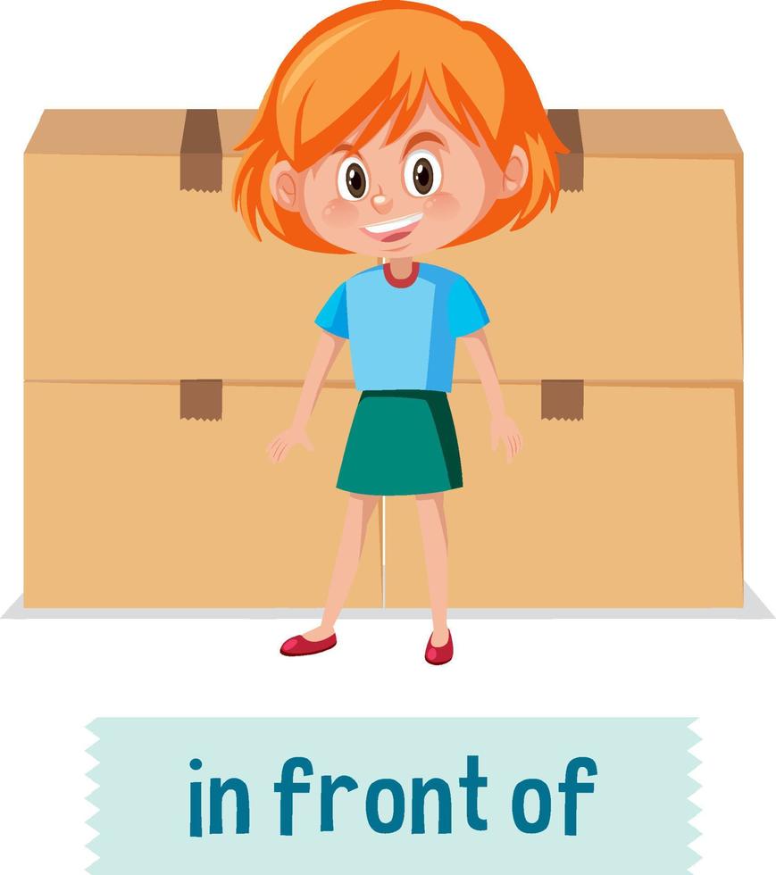 preposition av plats med tecknad flicka och en låda vektor