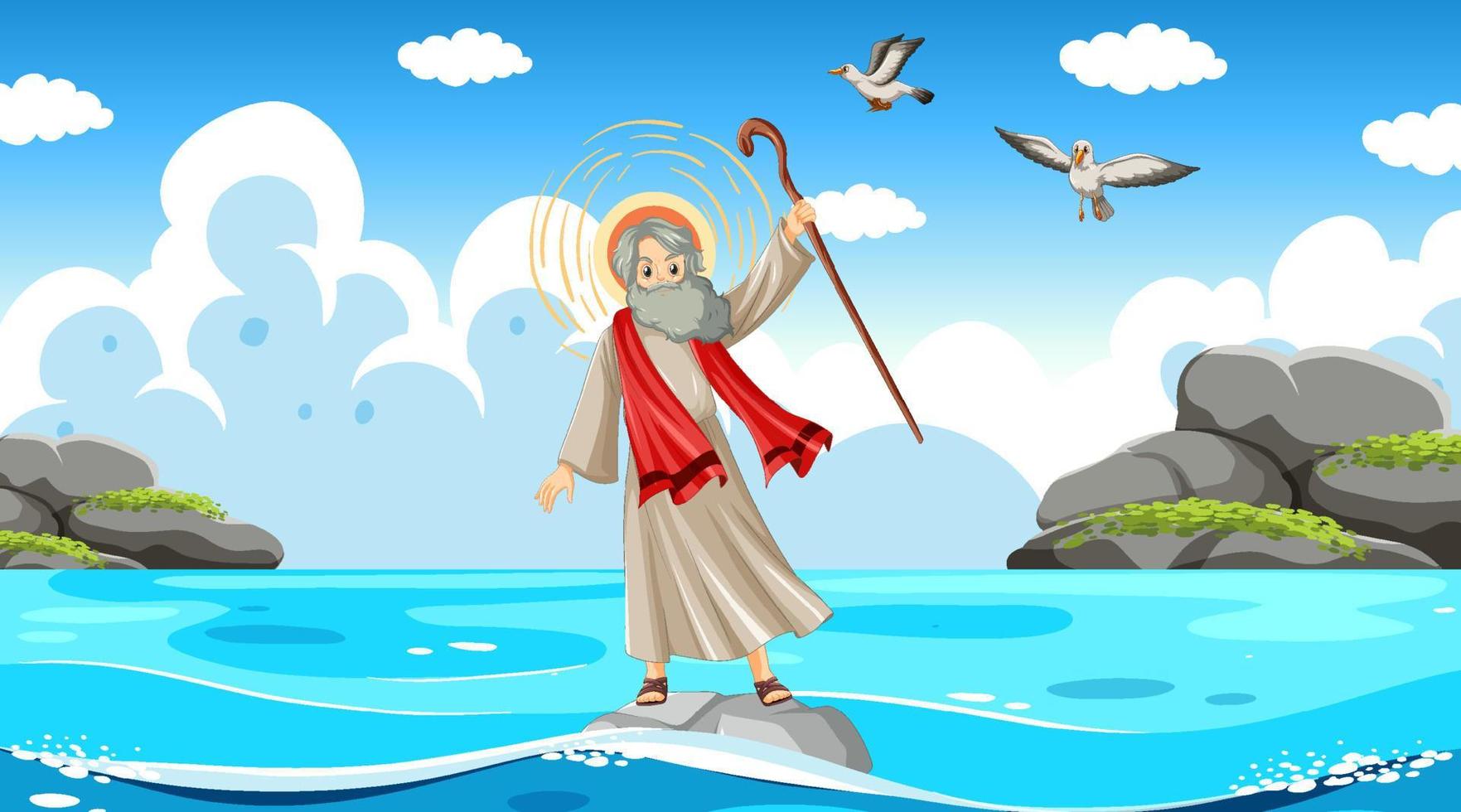Moses Zeichentrickfigur mit Meereshintergrund vektor