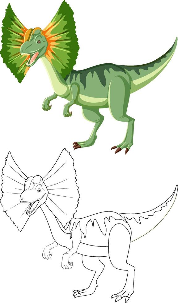 dilophosaurus dinosaurie med sin doodle kontur på vit bakgrund vektor